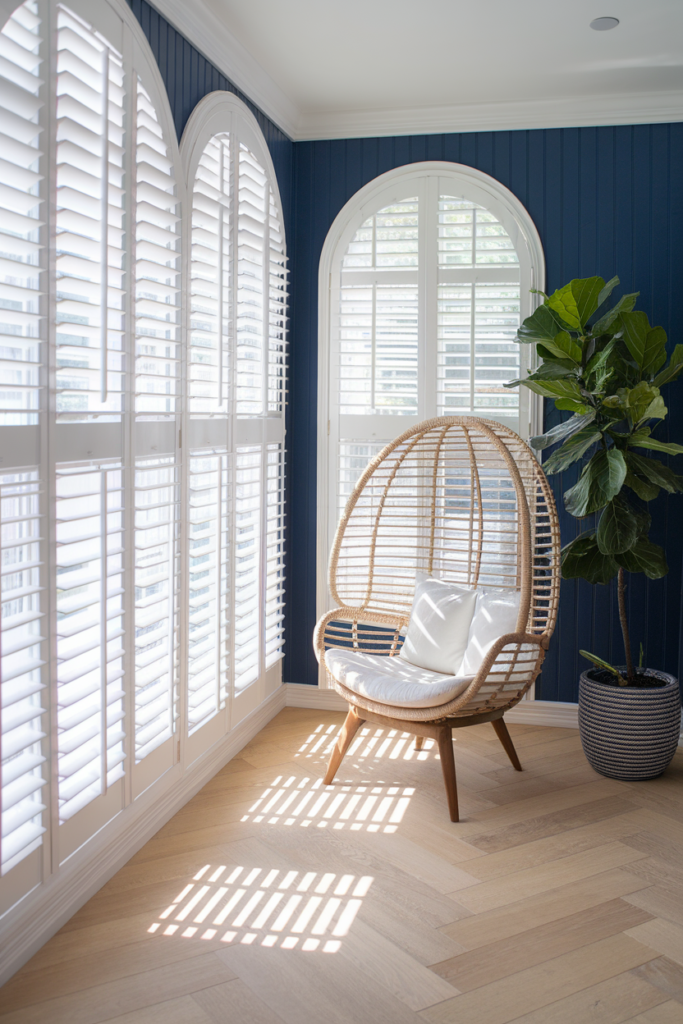 Classic white plantation shutters on tall windows in a traditional Southern-style home.