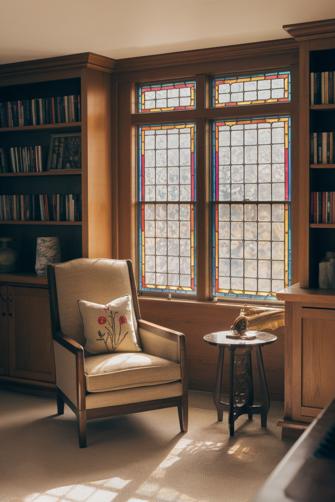 Colorful stained glass window film on a kitchen window, adding privacy with decorative flair.