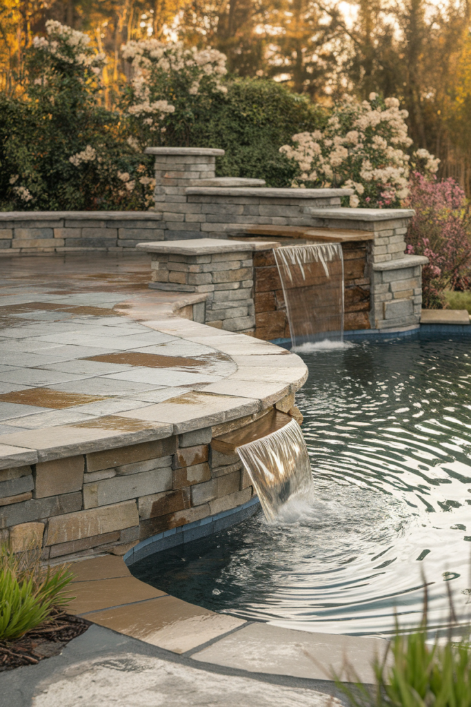 Natural stone-covered above ground pool deck with integrated waterfall feature and lush tropical plants.