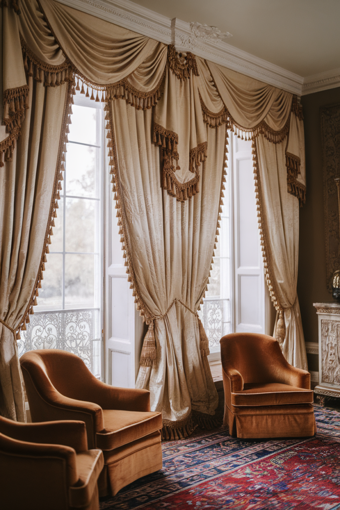 Draped swag curtains with side panels in a luxurious formal living room with classic decor.