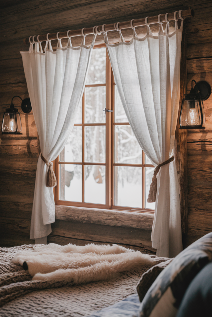 Casual linen tie-top curtains in a rustic cottage-style kitchen, offering charm and softness.