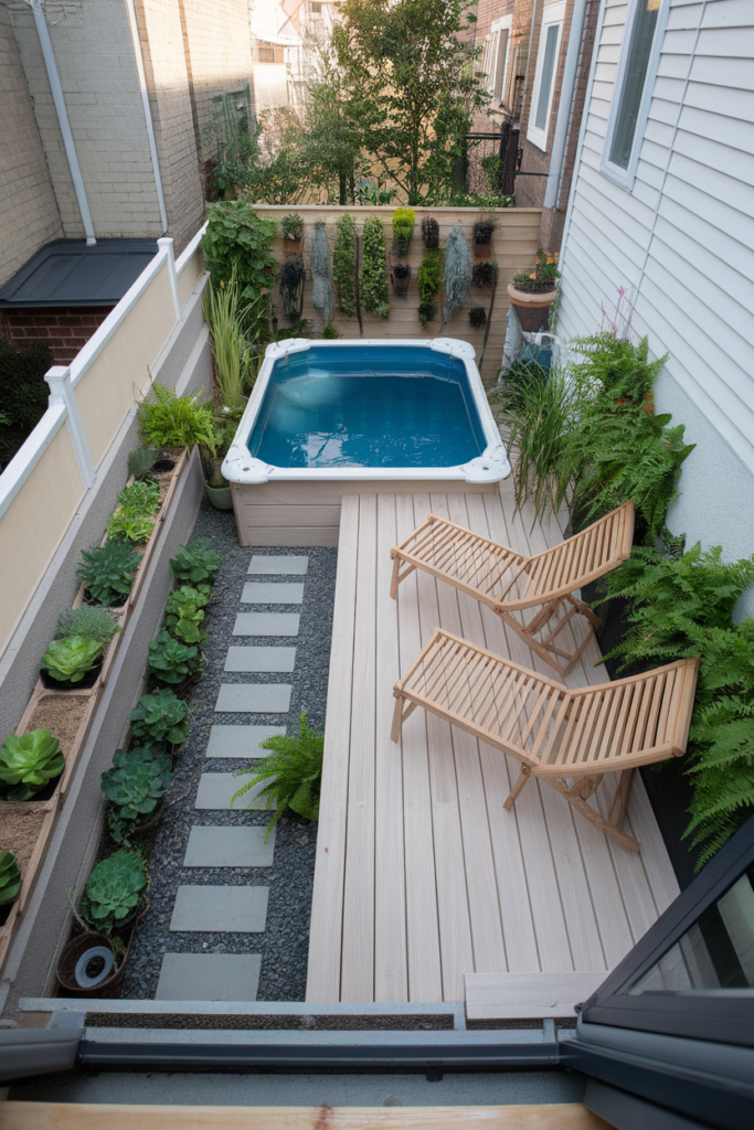 Space-saving above ground pool deck in a small urban backyard with compact seating, folding chairs, and vertical planters.