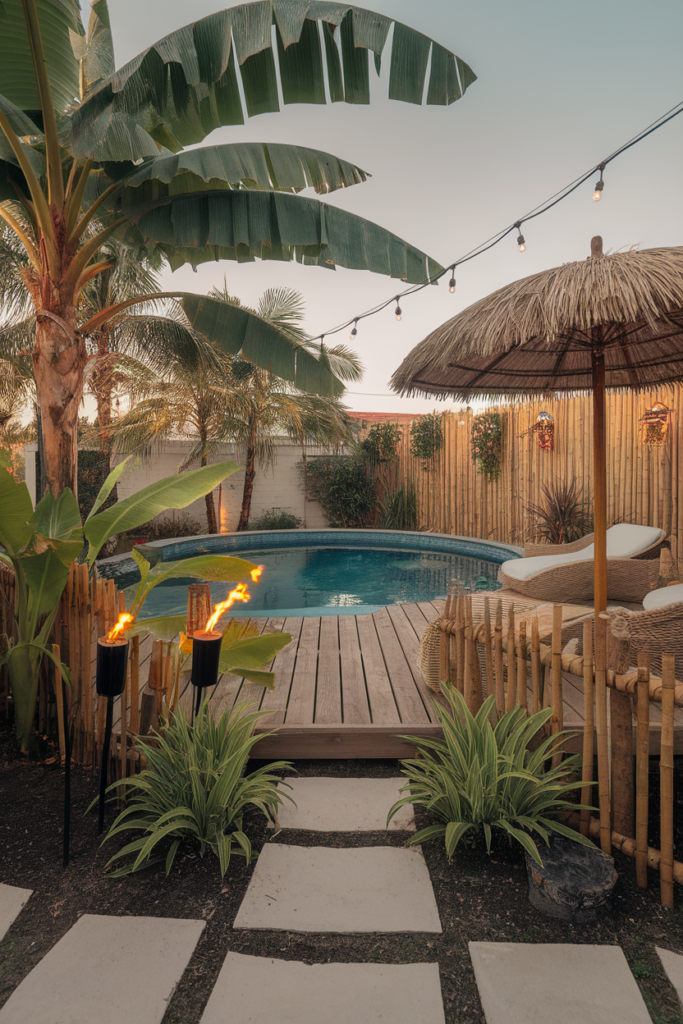 Tropical-inspired above ground pool deck surrounded by palm trees, rattan furniture, and tiki torches for an exotic resort feel.
