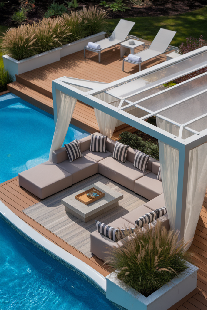Split-level above ground pool deck with a sunny upper lounge area featuring white sun loungers and a shaded lower level with a white pergola, outdoor sectional seating, and cohesive wood decking—perfect for relaxing in sun or shade.