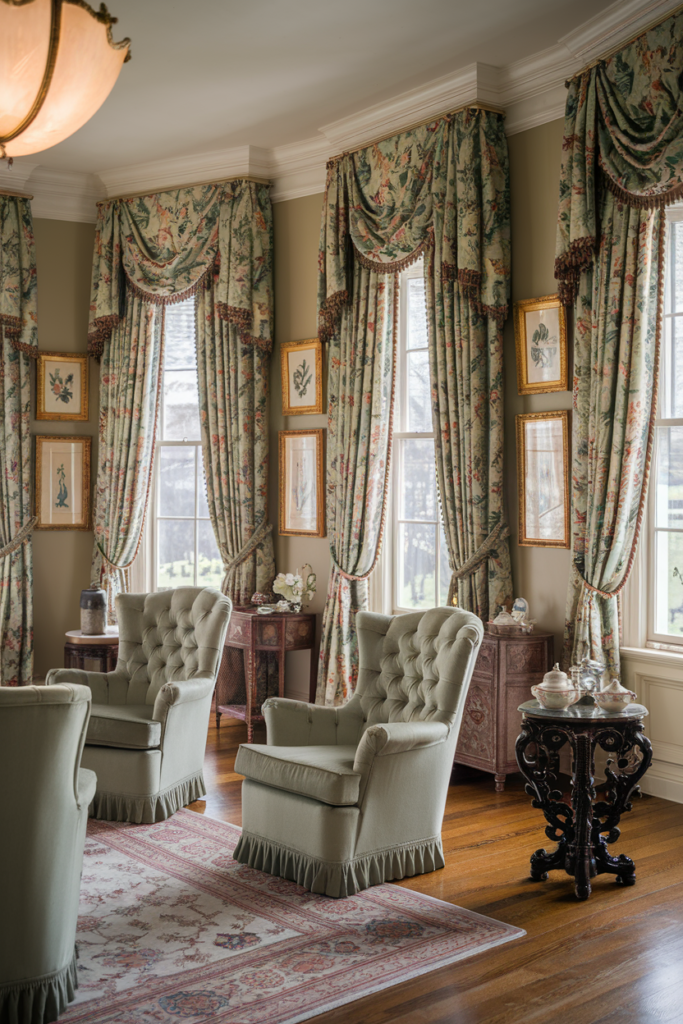 Traditional sitting room with floral valances and upholstered cornices above bay windows, featuring vintage botanical prints, tufted sage green armchairs, antique furniture, and elegant drapery in a Grandmillennial-style interior