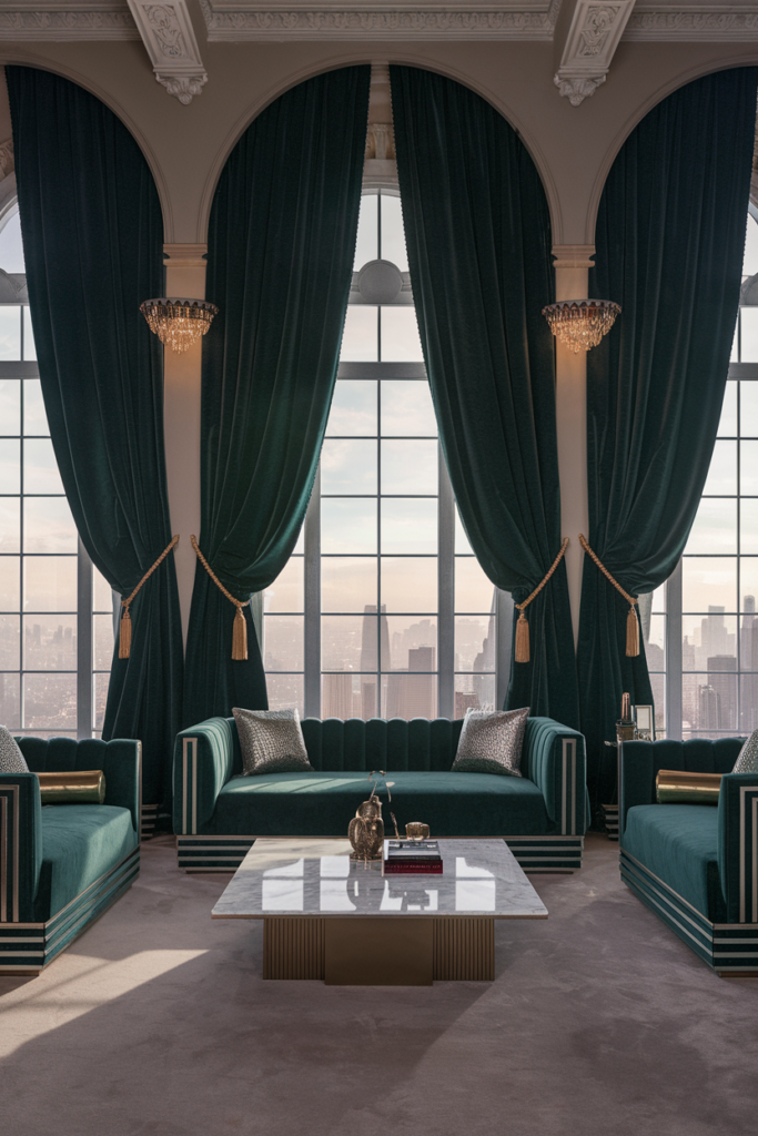 Luxurious velvet drapes in a rich jewel tone framing a tall living room window, adding warmth, texture, and elegance to a moody, sophisticated interior with vintage-inspired decor.