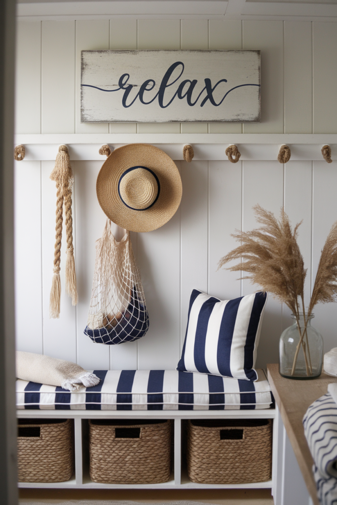 DIY whitewashed wood sign reading "Relax" above a coastal entry bench with beach accessories.