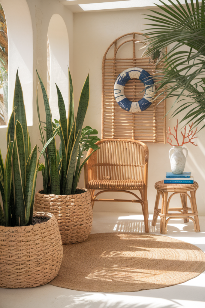 Woven baskets as planters for palms and snake plants to bring the tropics indoors.
