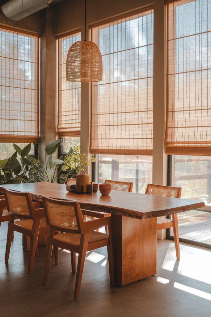Natural bamboo woven wood shades in a boho-inspired sunroom, adding texture and organic warmth.”