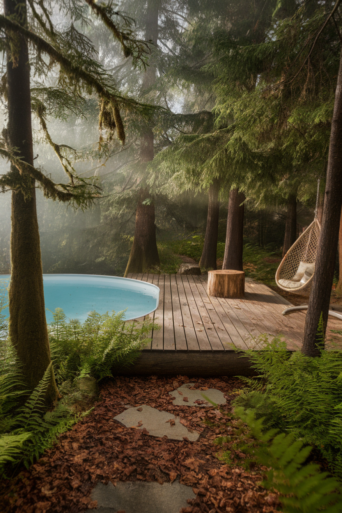 Rustic above ground pool deck nestled in the forest with hammocks, tree trunks, and natural textures.