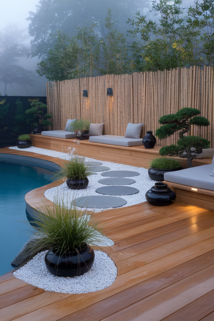 Japanese-inspired above ground pool deck with bamboo fencing, white gravel, bonsai trees, and a calming Zen design.