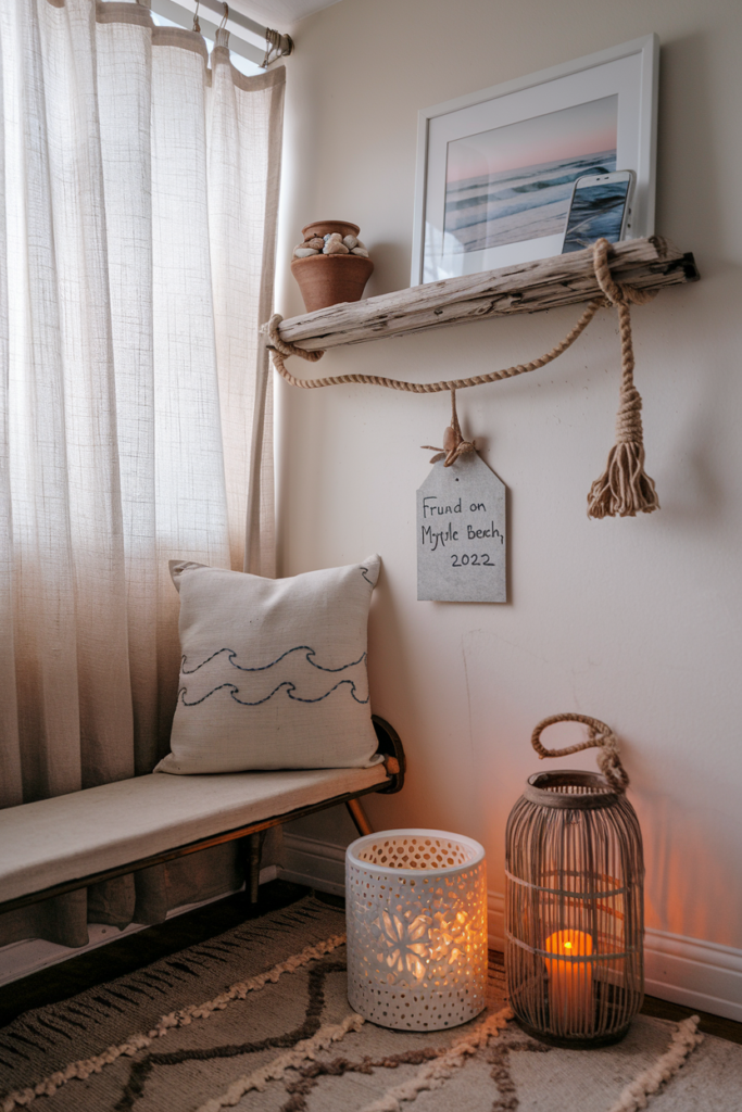DIY beach-themed corner with driftwood shelf, collected shells, soft linen accents, and personalized handcrafted elements.