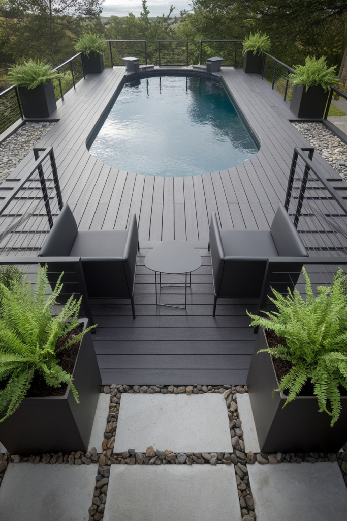 Sleek above-ground pool deck with full pool view, dark-stained wood flooring, and matte black railings. Surrounded by charcoal gray furniture, black planters with ferns, and modern landscaping under a moody sky.
