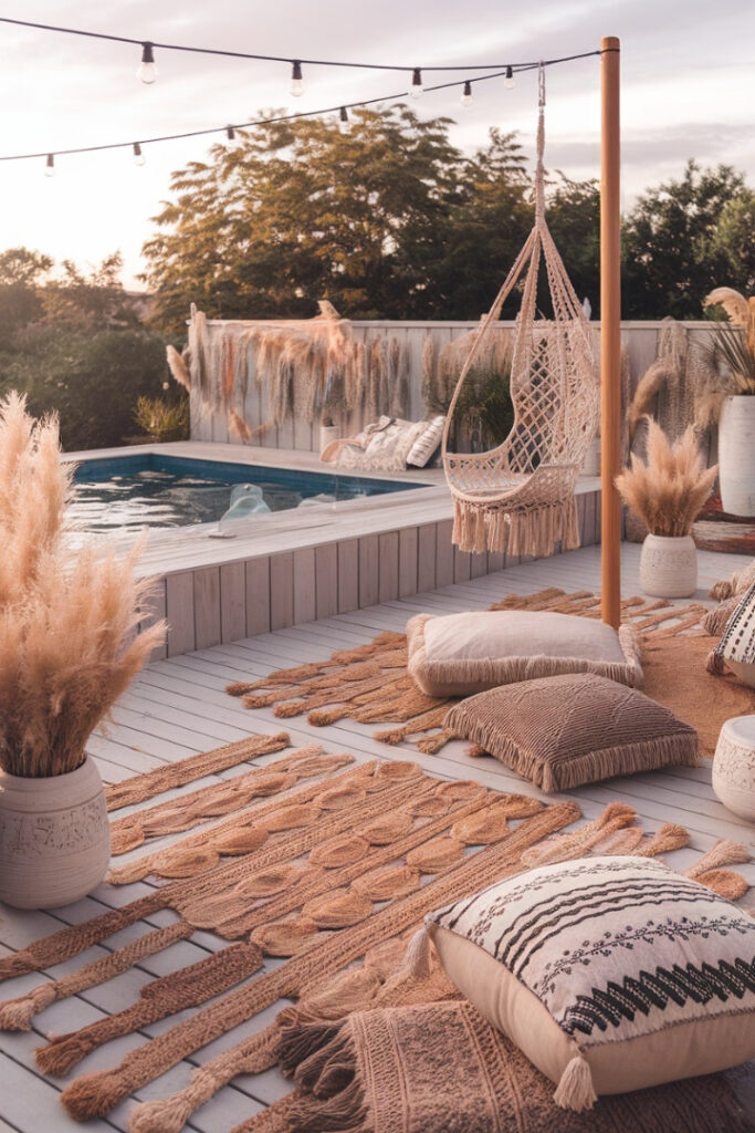 Bohemian-style above ground pool deck with floor cushions, macrame hangings, and lush greenery in a relaxed setting.