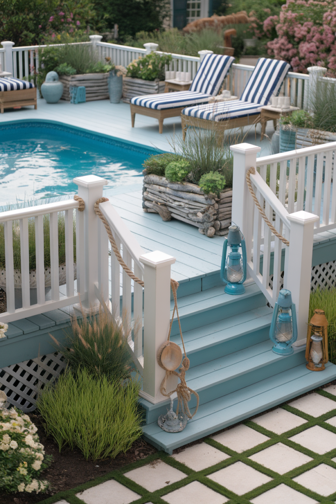 Above-ground pool deck with light blue and white painted wood, striped loungers, and nautical accents. The full pool is clearly visible, surrounded by coastal plants and cottage-style decor for a breezy beach house vibe.