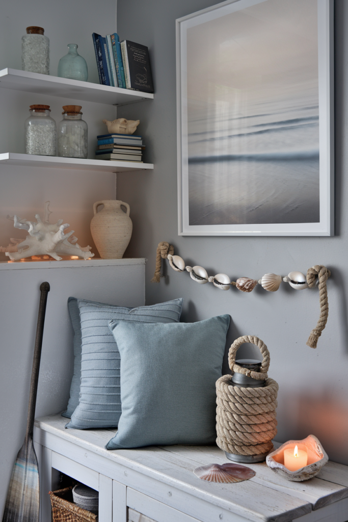 Cozy apartment corner styled with handmade nautical decor, including rope lanterns, shell garlands, and foggy ocean art.