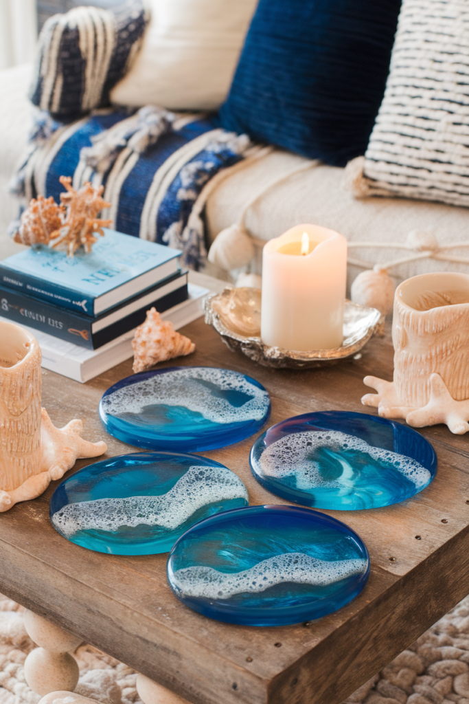 Resin coasters that resemble ocean waves using blue and white pigments.