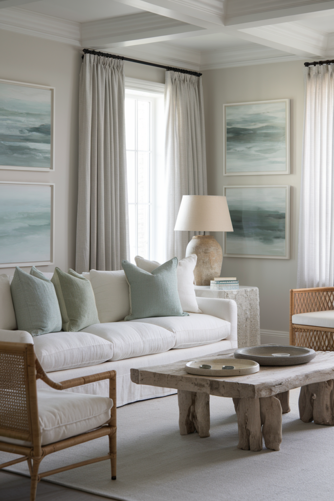 Light-filled coastal living room with DIY seashell and rope art, driftwood table, and linen-covered sofa in calming beach tones.