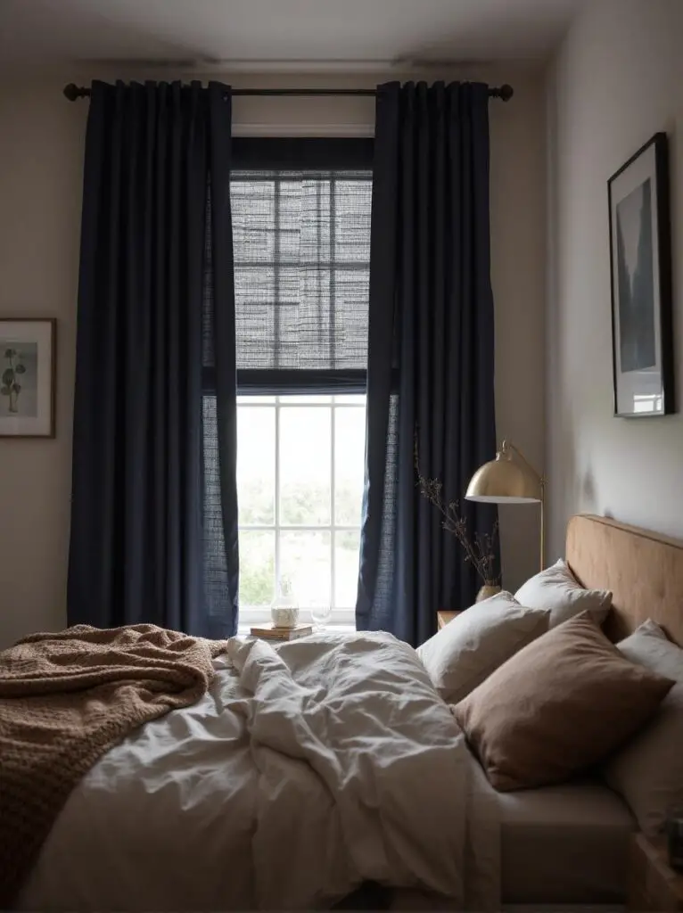 Cozy bedroom with deep navy blackout curtains fully drawn, soft layered bedding in neutral tones, creating a peaceful and restful atmosphere for sleep.