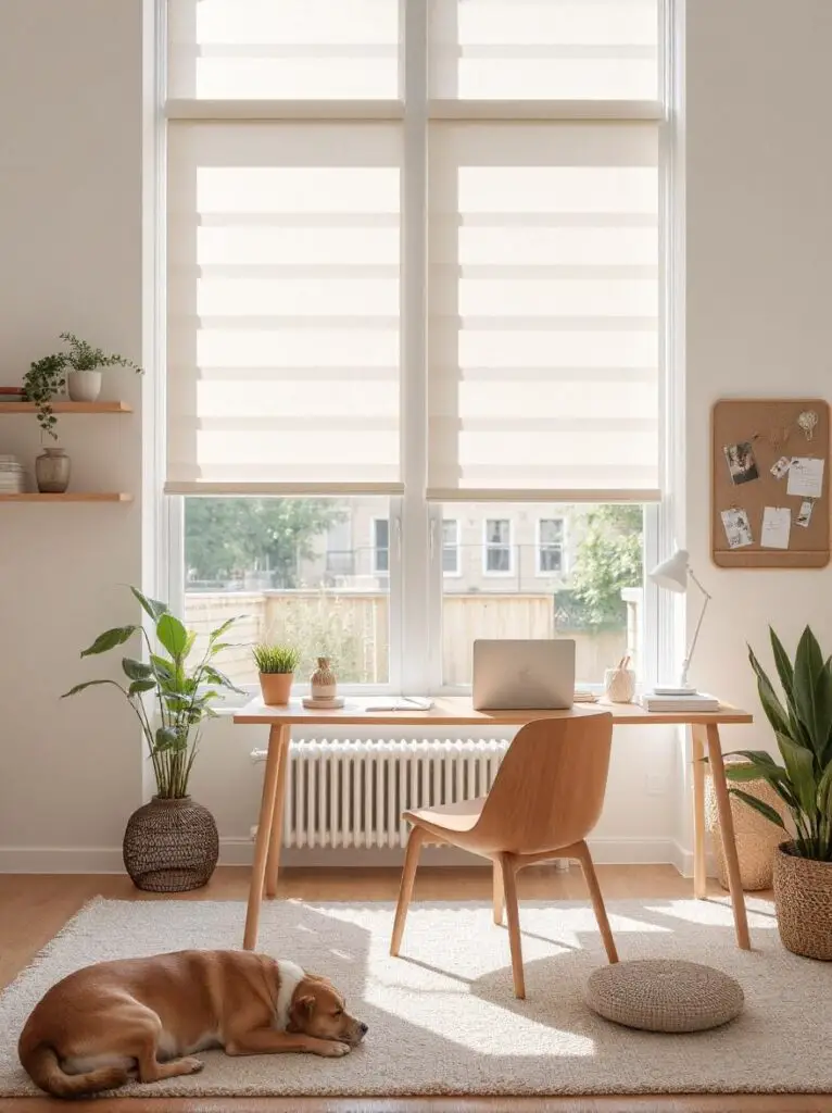 Bright modern home office with large windows featuring adjustable blinds to reduce screen glare, a clean desk setup with laptop, and minimalist decor for productivity.