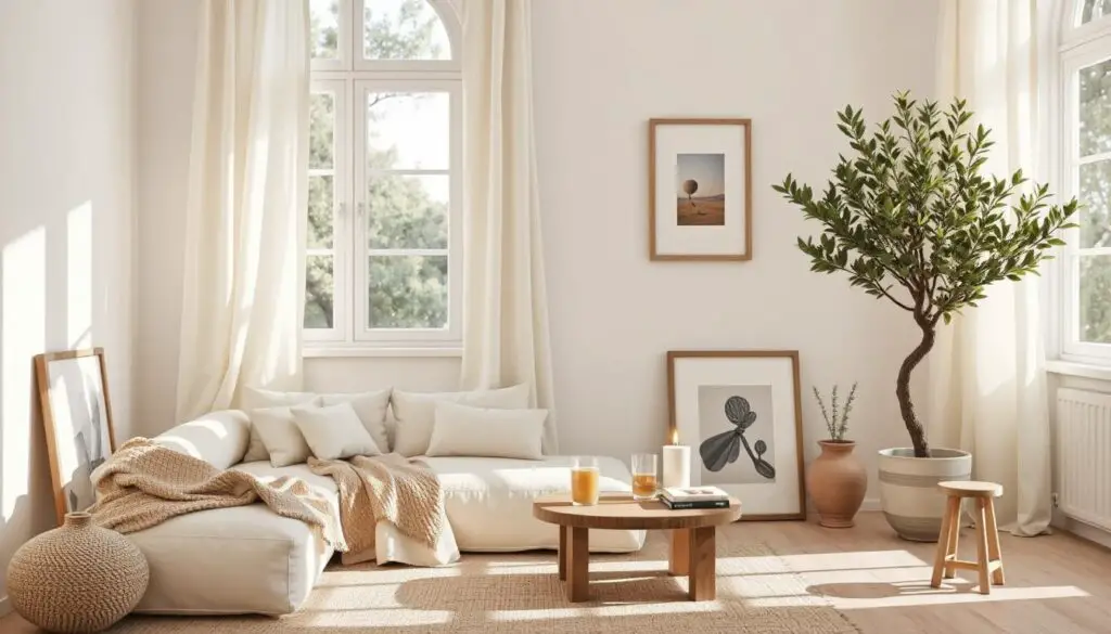 Sunlight streaming through soft, ivory linen curtains in a cozy, organic modern living room with neutral-toned furniture, natural textures, and a warm, breezy ambiance.