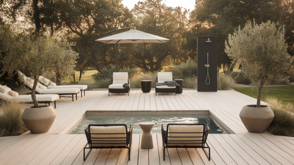 Luxury single-level above ground pool deck with light wood planks, cream Sunbrella loungers, a neutral umbrella, and soft under-deck LED lighting for a floating effect, set in a minimalist backyard with potted olive trees and golden hour light.