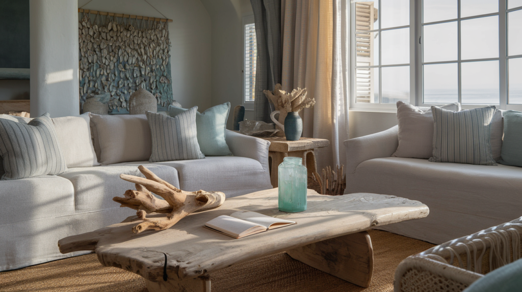 Sun-drenched living room with natural textures, handmade coastal decor, and large windows letting light become the main feature.