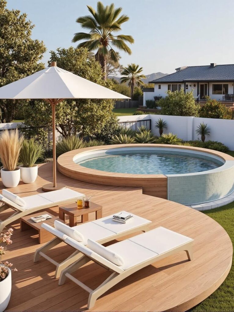 Circular above ground pool with natural wood wraparound deck, white loungers, cream umbrella, and neutral outdoor sofa, surrounded by potted plants and glowing under-deck lighting in a lush backyard at golden hour.