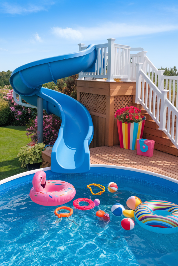 Point-of-view from the top of a bright blue slide leading into a full above-ground pool filled with colorful floats and pool toys. A wooden deck with white railings surrounds the pool, set in a playful, sunlit backyard.