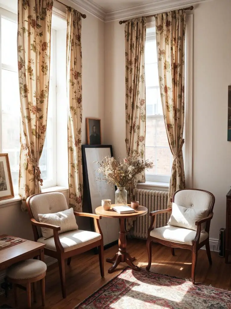 Eclectic apartment corner with vintage floral curtains, mismatched lounge chairs, layered decor, and soft natural light creating a warm, lived-in feel.