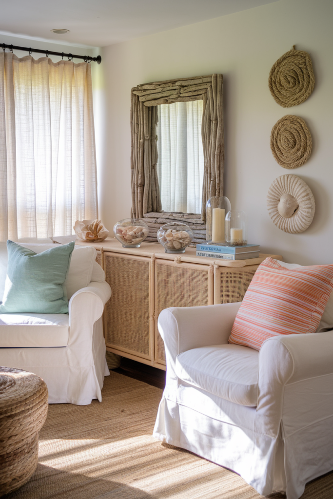 Coastal living space featuring weathered wood, sea-glass tones, and textured decor that shifts with the light.