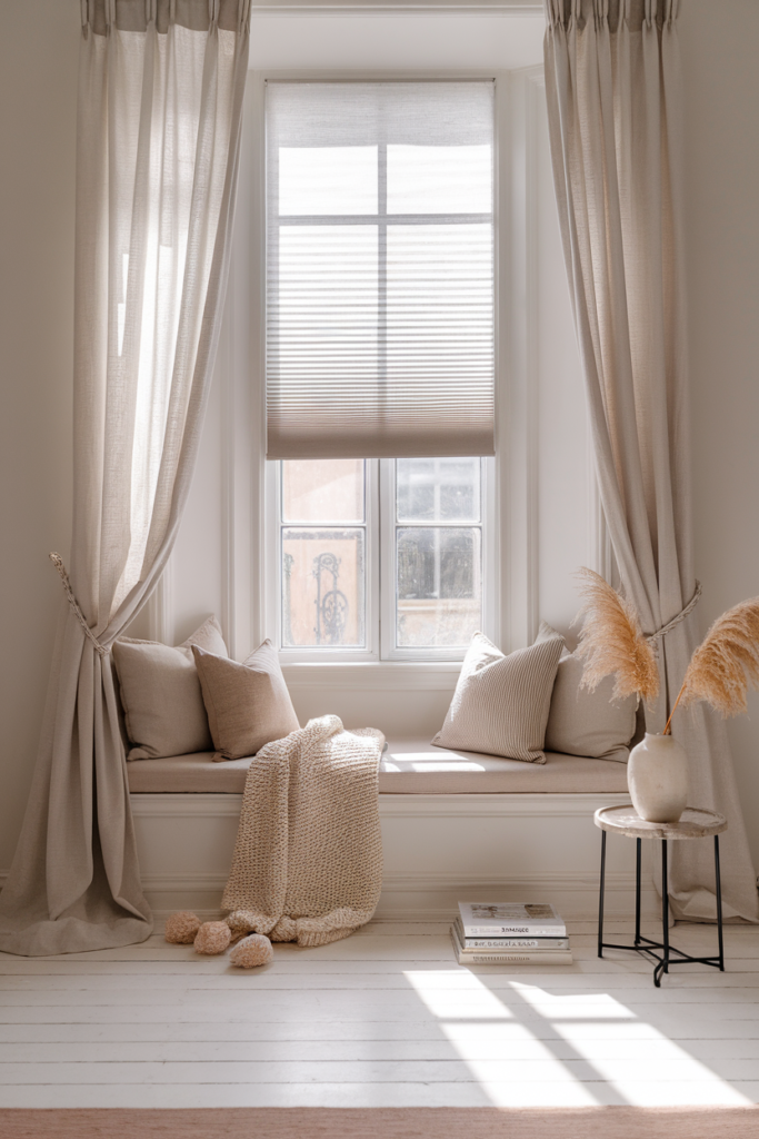 Crisp pleated shades in a cozy reading nook with soft light and warm wood accents.