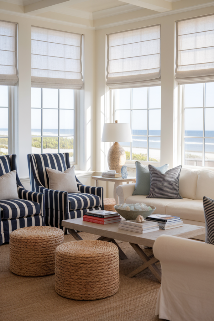 Neutral-toned Roman shades in a Coastal Style living room, offering a tailored, elegant window treatment solution.