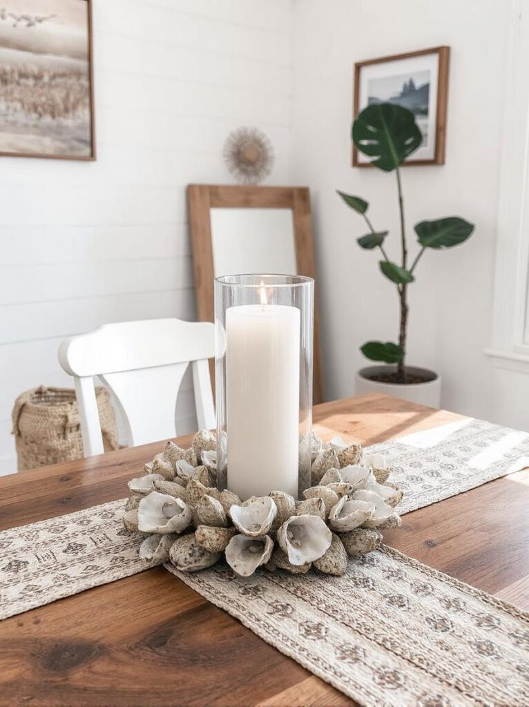 Oyster shell candle holder wreath centerpiece with glass hurricane and ivory candle on a rustic coastal dining table.