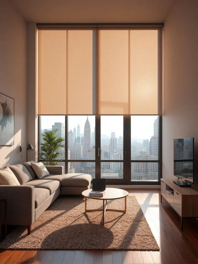 Neutral-toned solar shades in a modern living room, filtering sunlight while maintaining a view.
