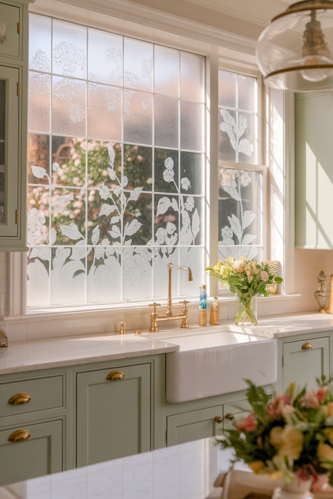 Decorative frosted window film on a kitchen window for added privacy and contemporary style.