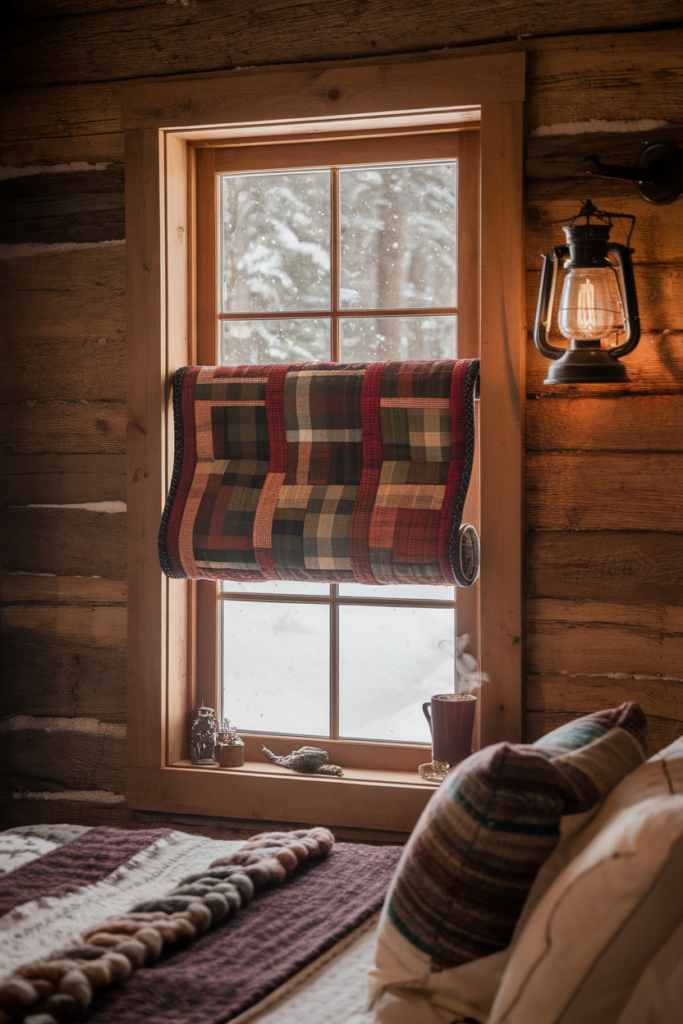 Insulated fabric window quilt in a winter cabin, rolled up to reveal rustic wood-framed glass.
