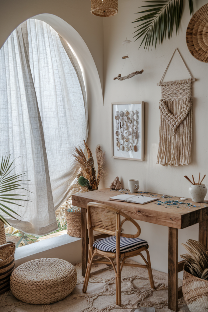 Airy creative coastal nook with driftwood mobile, hand-collected shell art, and natural textures styled in a soft, breezy palette.