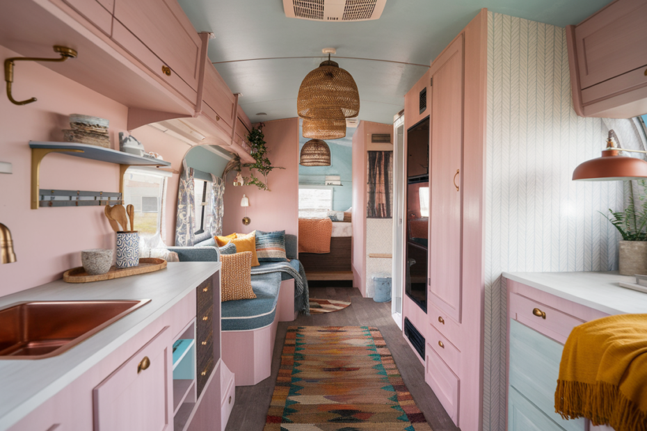 A beautifully styled RV interior blending multiple design aesthetics—from a soft pastel pink brass-accented kitchen to a cozy boho lounge with earthy tones, and a mid-century modern bedroom with mustard accents.