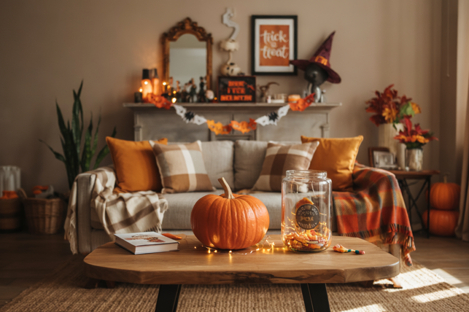 Cozy living room decorated for Halloween 2025 with warm-toned pillows, mini pumpkins, bat garland, vintage candles, and a faux fireplace styled with spooky yet elegant fall decor.