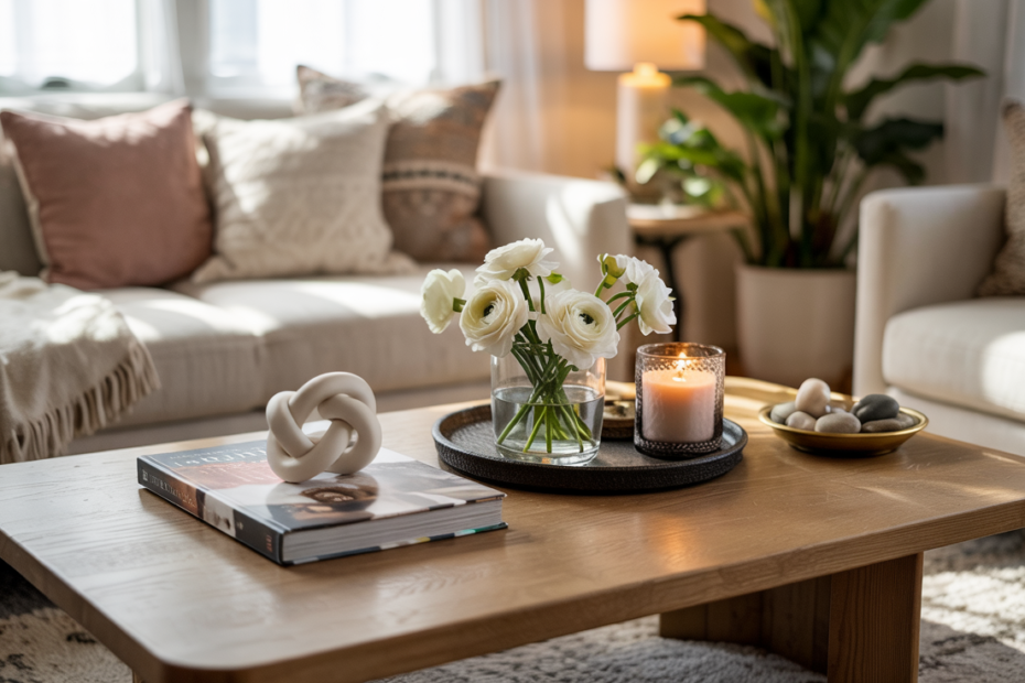 Stylish coffee table arrangement in a modern organic living room with natural wood table, fresh flowers, stacked books, and soft neutral decor in warm sunlight.