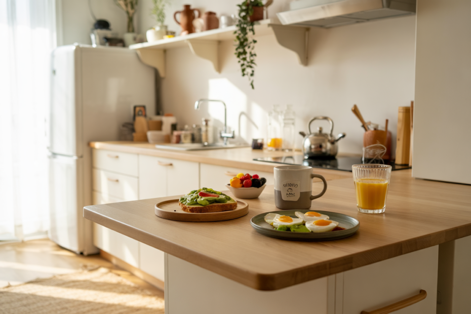 Bright minimalist kitchen with a hidden pull-out breakfast bar partially extended from a light oak island, styled with avocado toast, berries, and coffee. Features white cabinets, open shelves with ceramics, natural light, and a cozy stool—perfect for small space living.