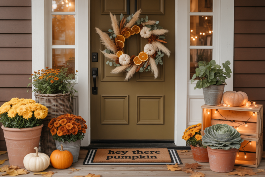 Cozy fall front porch with a centered dark front door, autumn wreath, pumpkins, mums, and layered doormats styled in warm golden hour light.