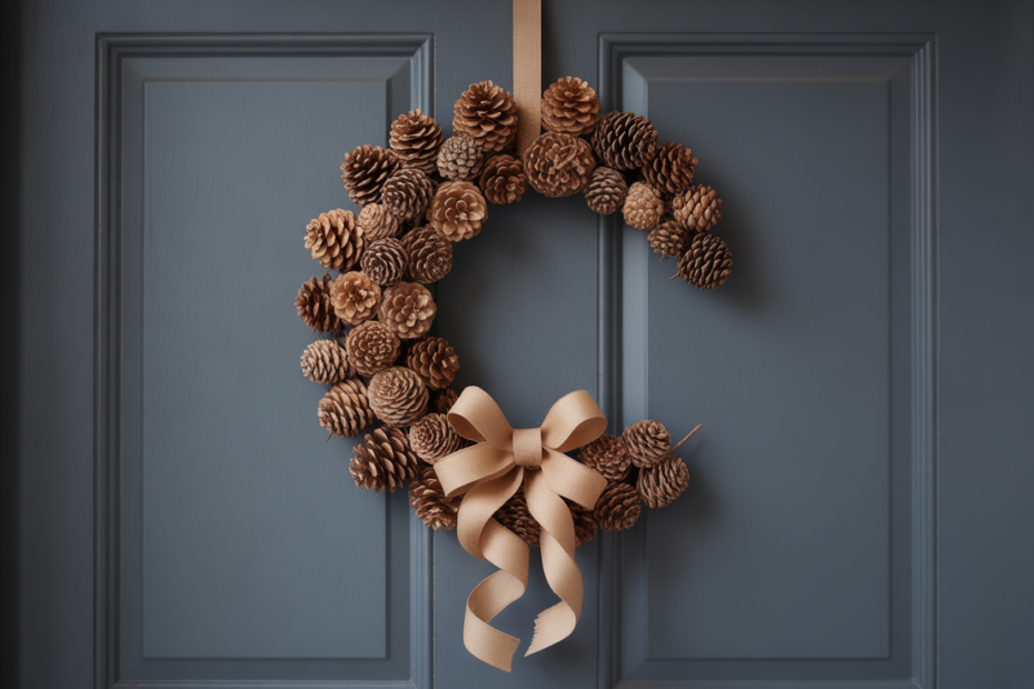 Generate a minimalist and elegant asymmetrical fall wreath displayed on a double-panel dark gray front door with a smooth matte finish.