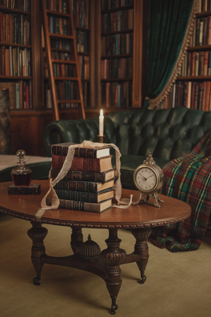 Traditional coffee table with vintage books, brass magnifying glass, and antique clock in a cozy library room.