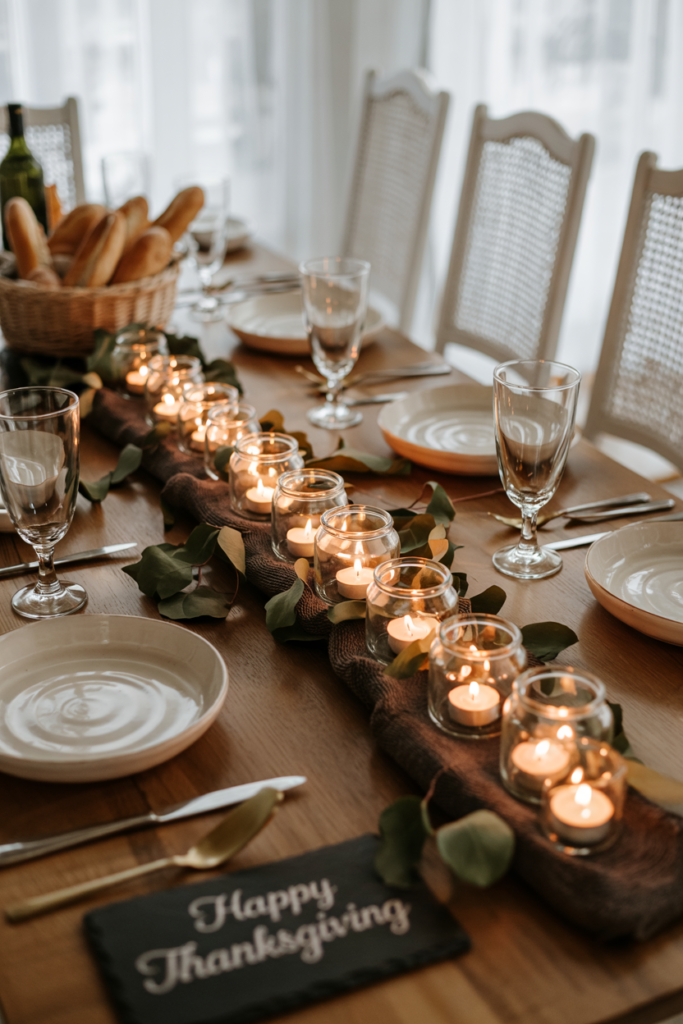 Cozy Thanksgiving table centerpiece with glowing tea lights in glass jars running down the table, accented by eucalyptus, dried leaves, ivory plates, crystal glasses, and rustic bread basket for warm ambiance.