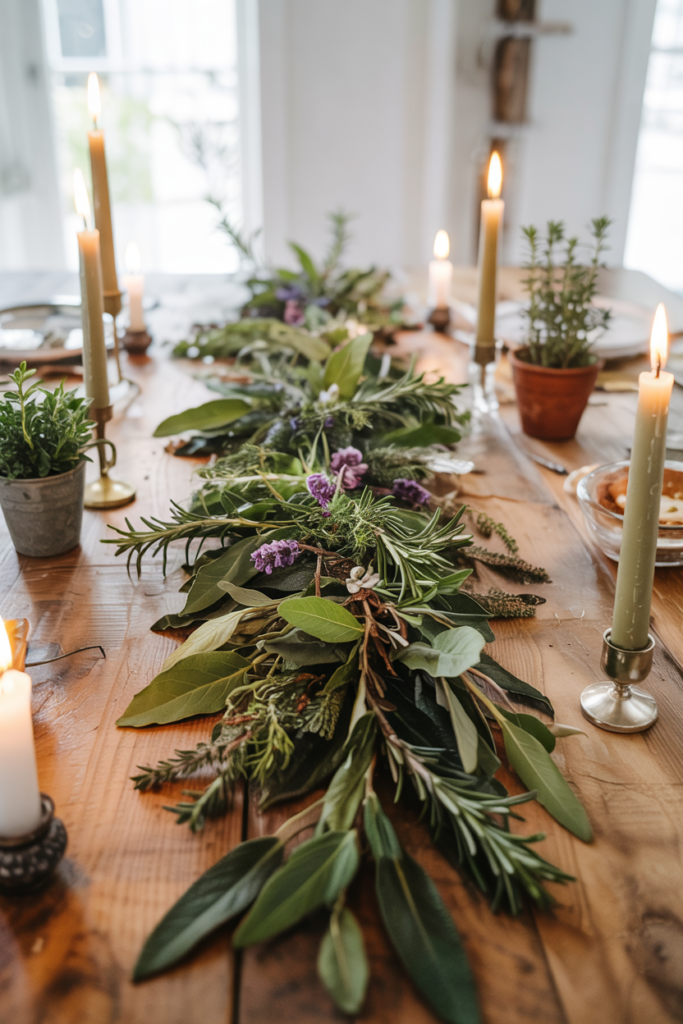 Organic Thanksgiving table centerpiece with fresh rosemary, sage, thyme, and bay arranged like a living runner, accented with clay pots, green taper candles, gray stoneware plates, and sourdough breadboard.