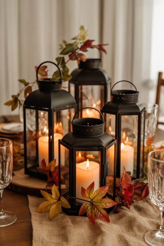 Thanksgiving centerpiece with black lanterns of varied heights glowing warmly, surrounded by faux autumn leaves in orange, red, and gold, styled on a burlap runner with ivory plates and taupe chairs.