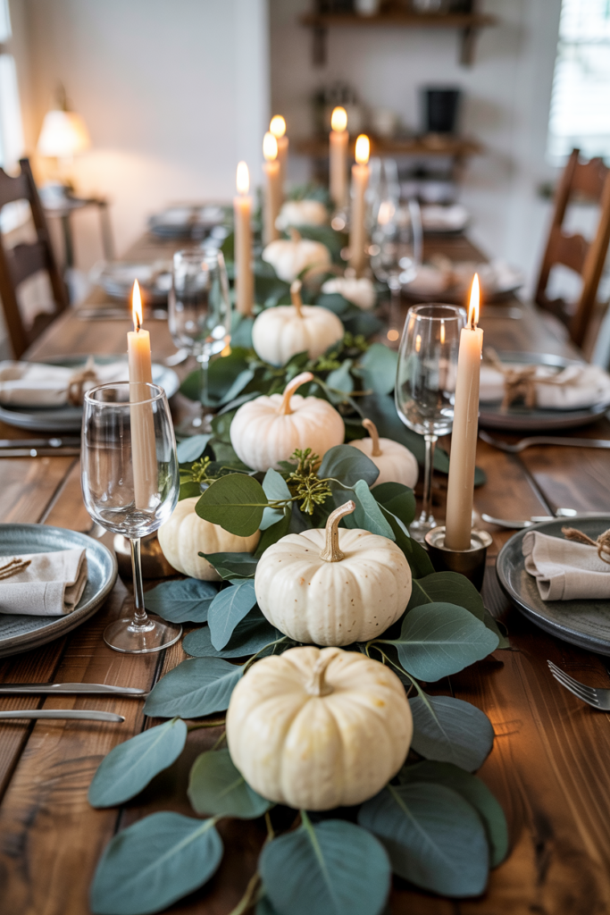 Thanksgiving table with eucalyptus garland centerpiece and mini white pumpkins, cream candles, and rustic farmhouse dinnerware.