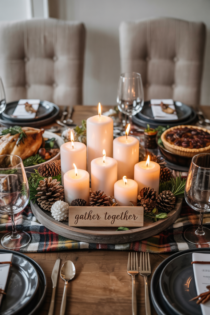 Rustic Thanksgiving centerpiece with wood tray, pillar candles, pinecones, plaid runner, and cozy farmhouse table setting.